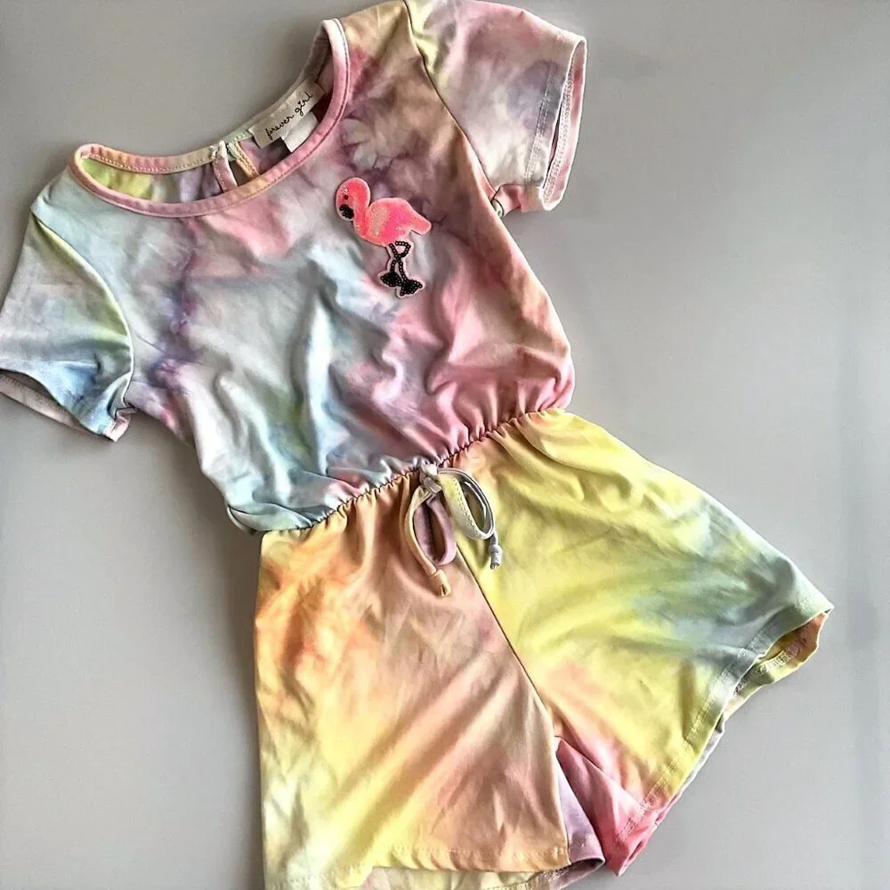 FOREVER GIRL TIE DYE FLEMINGO ROMPER